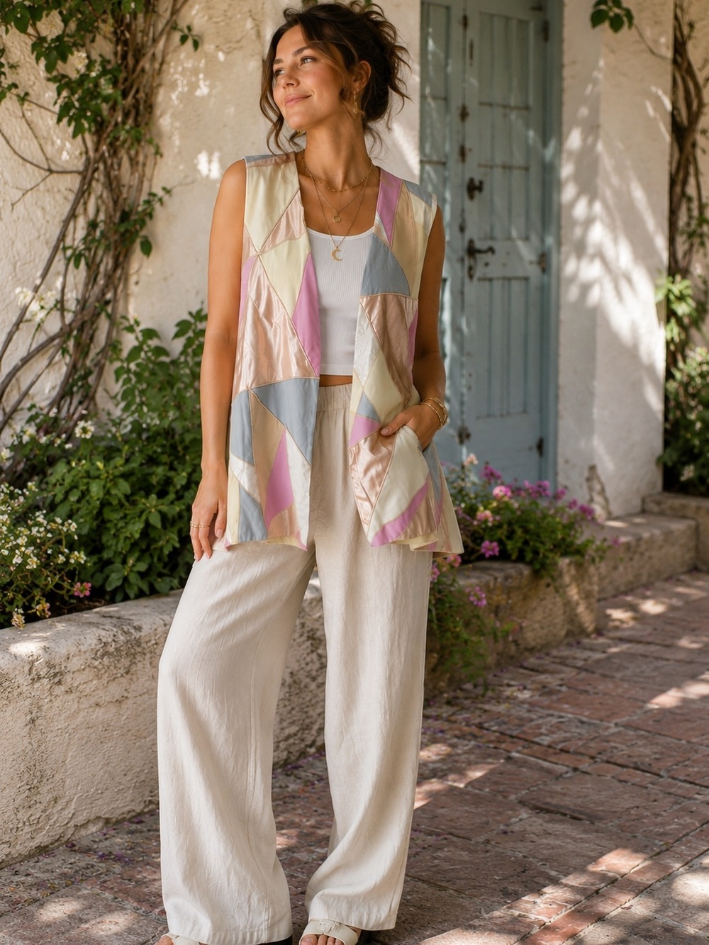 VTG Handmade Patchwork Embroidered Vest Womens L-XL Pastels Boho Festival P1023